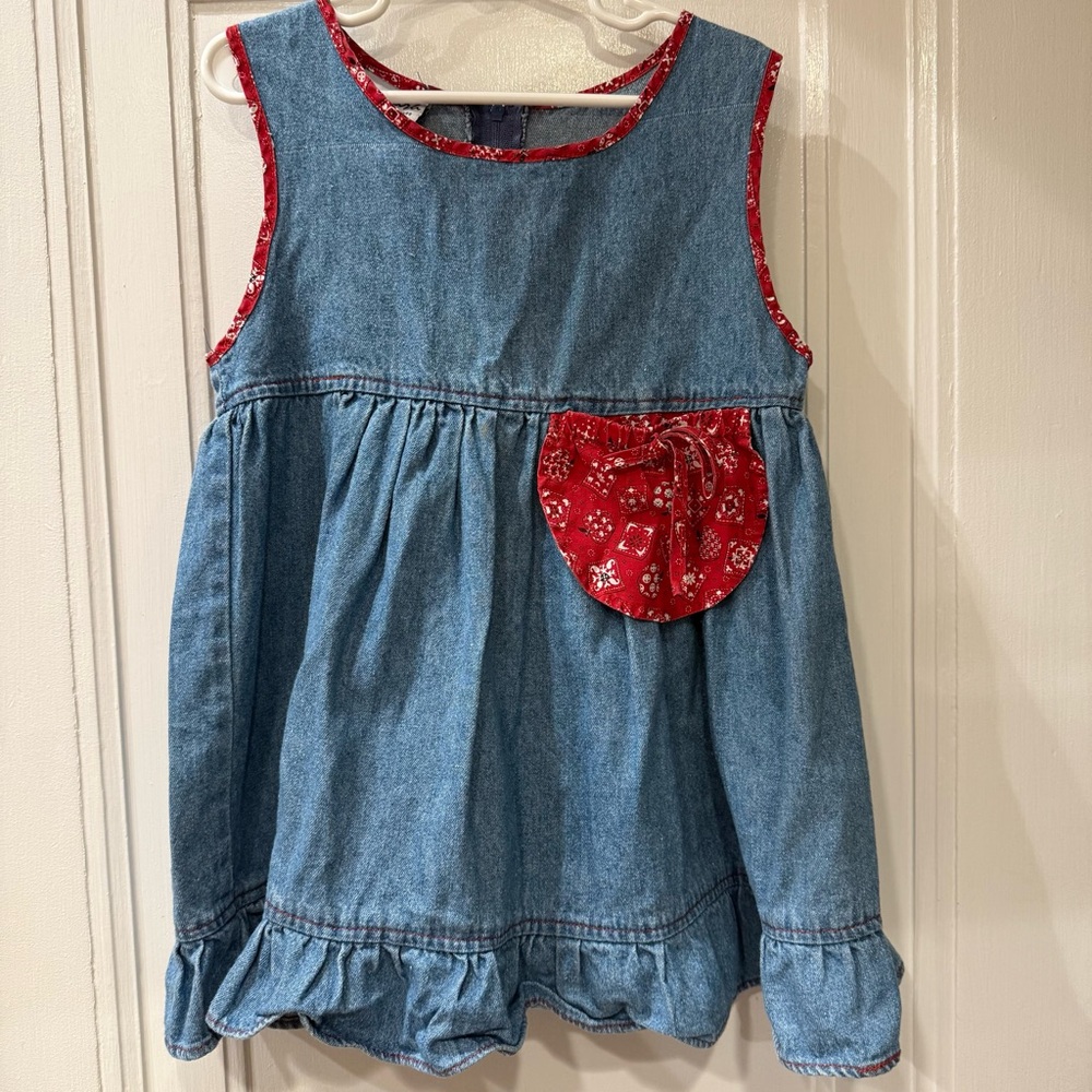 Vintage Samara Denim Dress with Red Floral Pocket, size 4T